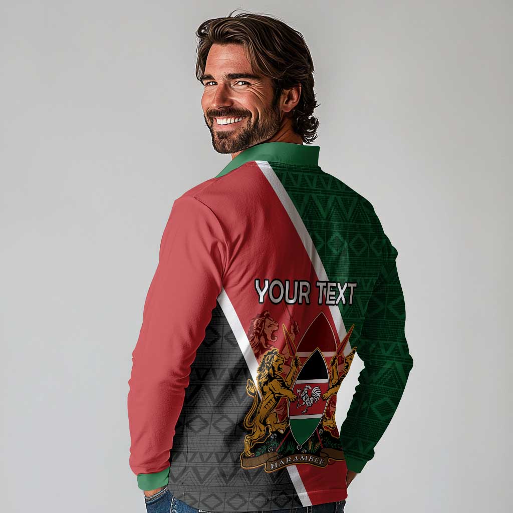Personalised Kenya Long Sleeve Polo Shirt Coat Of Arms Mix Flag Style