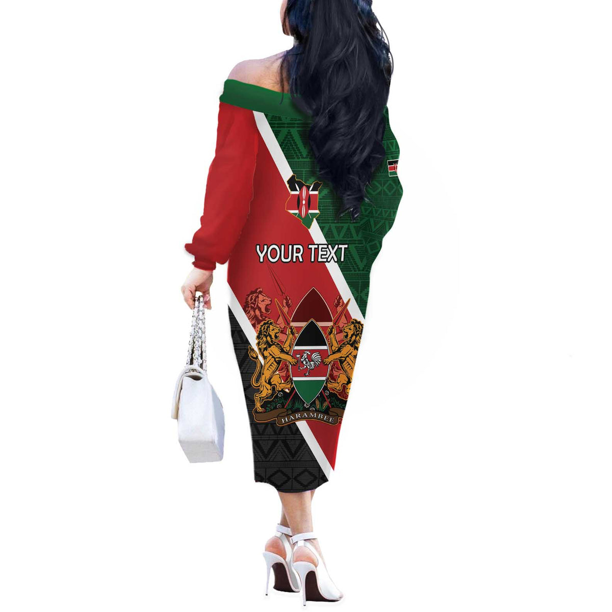 Personalised Kenya Off The Shoulder Long Sleeve Dress Coat Of Arms Mix Flag Style