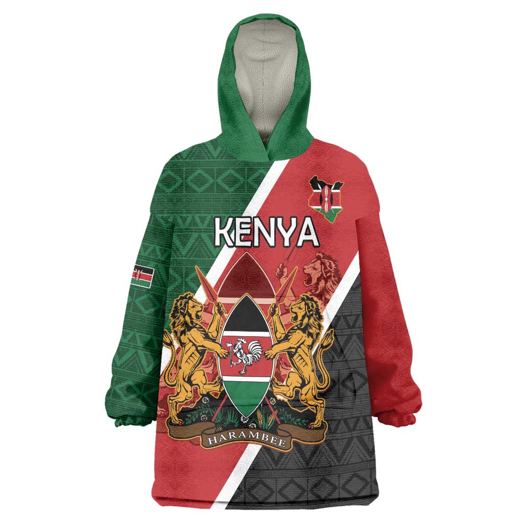 Personalised Kenya Wearable Blanket Hoodie Coat Of Arms Mix Flag Style