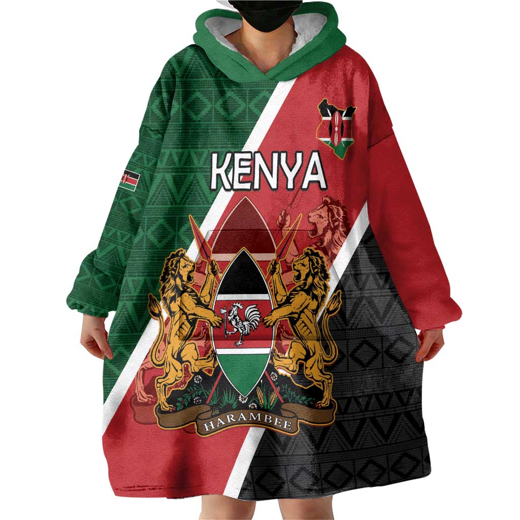 Personalised Kenya Wearable Blanket Hoodie Coat Of Arms Mix Flag Style