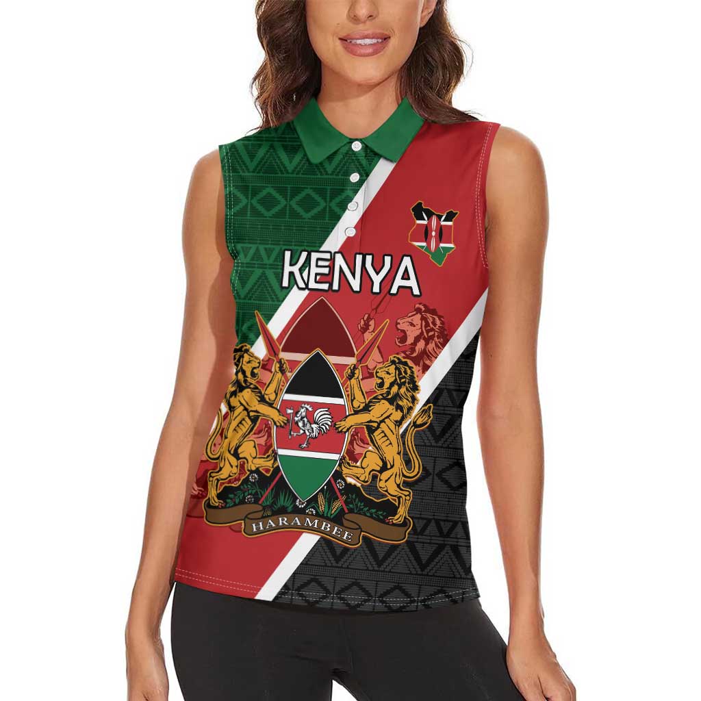 Personalised Kenya Women Sleeveless Polo Shirt Coat Of Arms Mix Flag Style