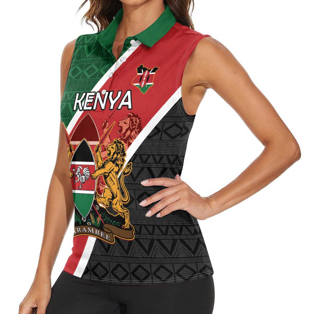 Personalised Kenya Women Sleeveless Polo Shirt Coat Of Arms Mix Flag Style