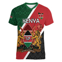 Personalised Kenya Women V-Neck T-Shirt Coat Of Arms Mix Flag Style