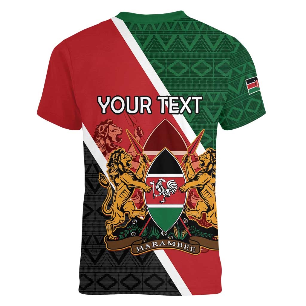 Personalised Kenya Women V-Neck T-Shirt Coat Of Arms Mix Flag Style