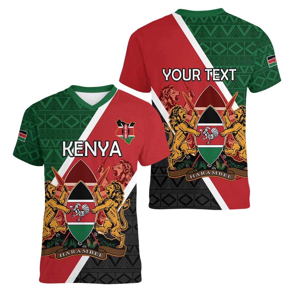 Personalised Kenya Women V-Neck T-Shirt Coat Of Arms Mix Flag Style