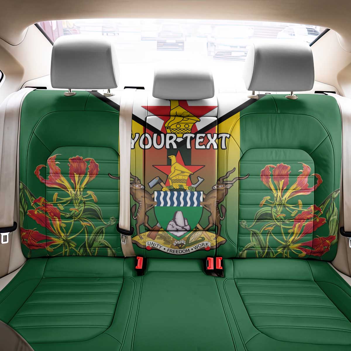 Personalised Zimbabwe Independence Day Back Car Seat Cover Gloriosa Flower - Flag Style