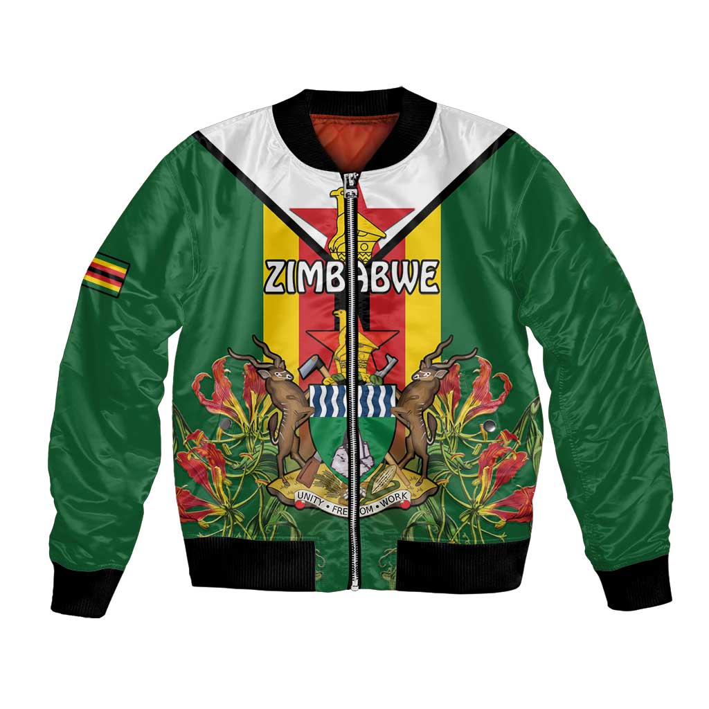 Personalised Zimbabwe Independence Day Bomber Jacket Gloriosa Flower - Flag Style