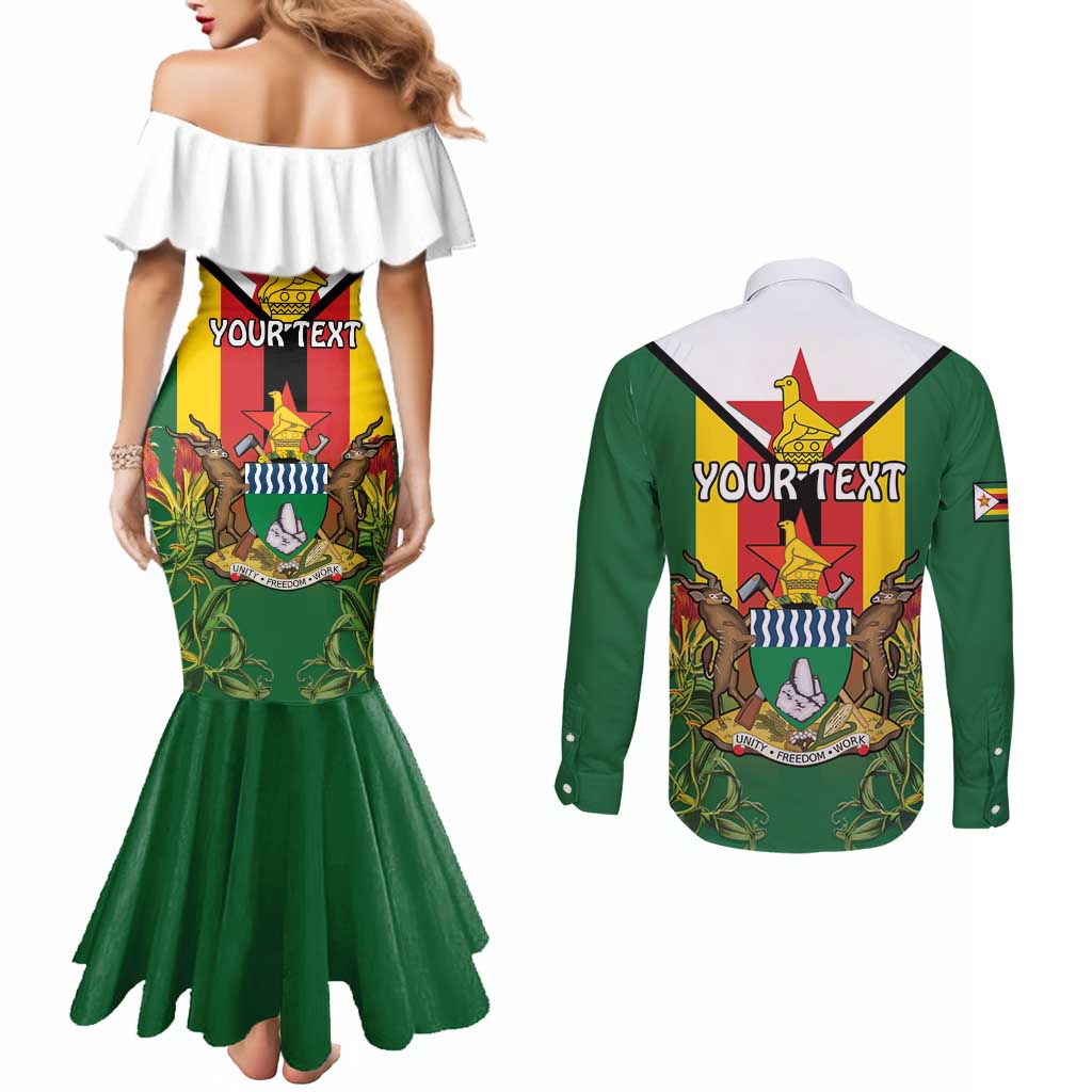 Personalised Zimbabwe Independence Day Couples Matching Mermaid Dress and Long Sleeve Button Shirt Gloriosa Flower - Flag Style