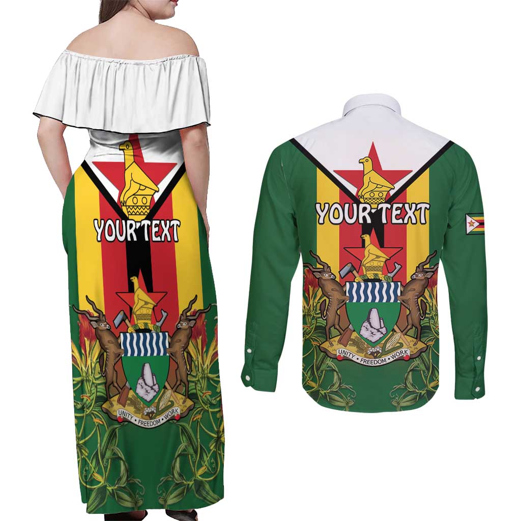 Personalised Zimbabwe Independence Day Couples Matching Off Shoulder Maxi Dress and Long Sleeve Button Shirt Gloriosa Flower - Flag Style