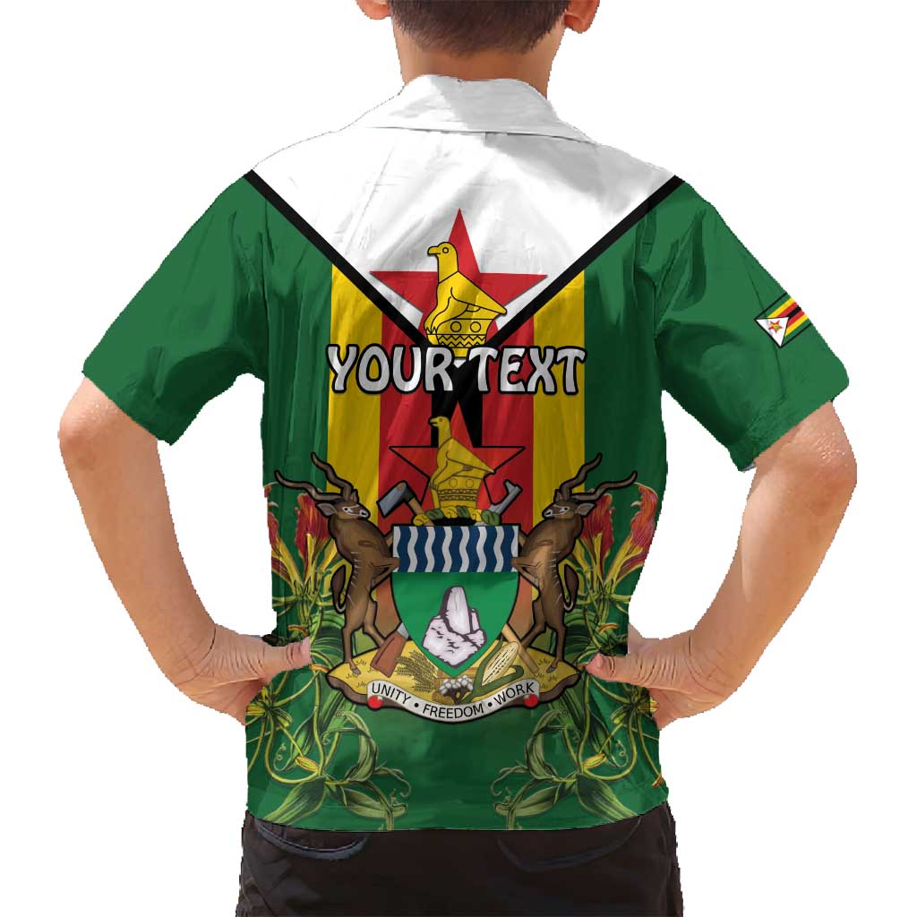 Personalised Zimbabwe Independence Day Family Matching Long Sleeve Bodycon Dress and Hawaiian Shirt Gloriosa Flower - Flag Style