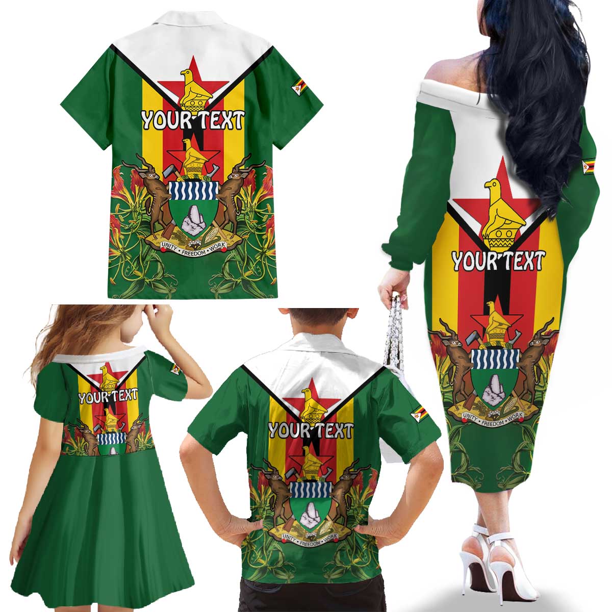 Personalised Zimbabwe Independence Day Family Matching Off The Shoulder Long Sleeve Dress and Hawaiian Shirt Gloriosa Flower - Flag Style