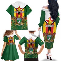 Personalised Zimbabwe Independence Day Family Matching Off The Shoulder Long Sleeve Dress and Hawaiian Shirt Gloriosa Flower - Flag Style