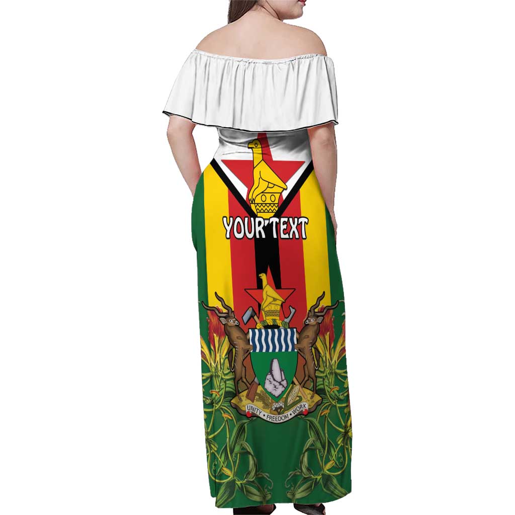 Personalised Zimbabwe Independence Day Family Matching Off Shoulder Maxi Dress and Hawaiian Shirt Gloriosa Flower - Flag Style