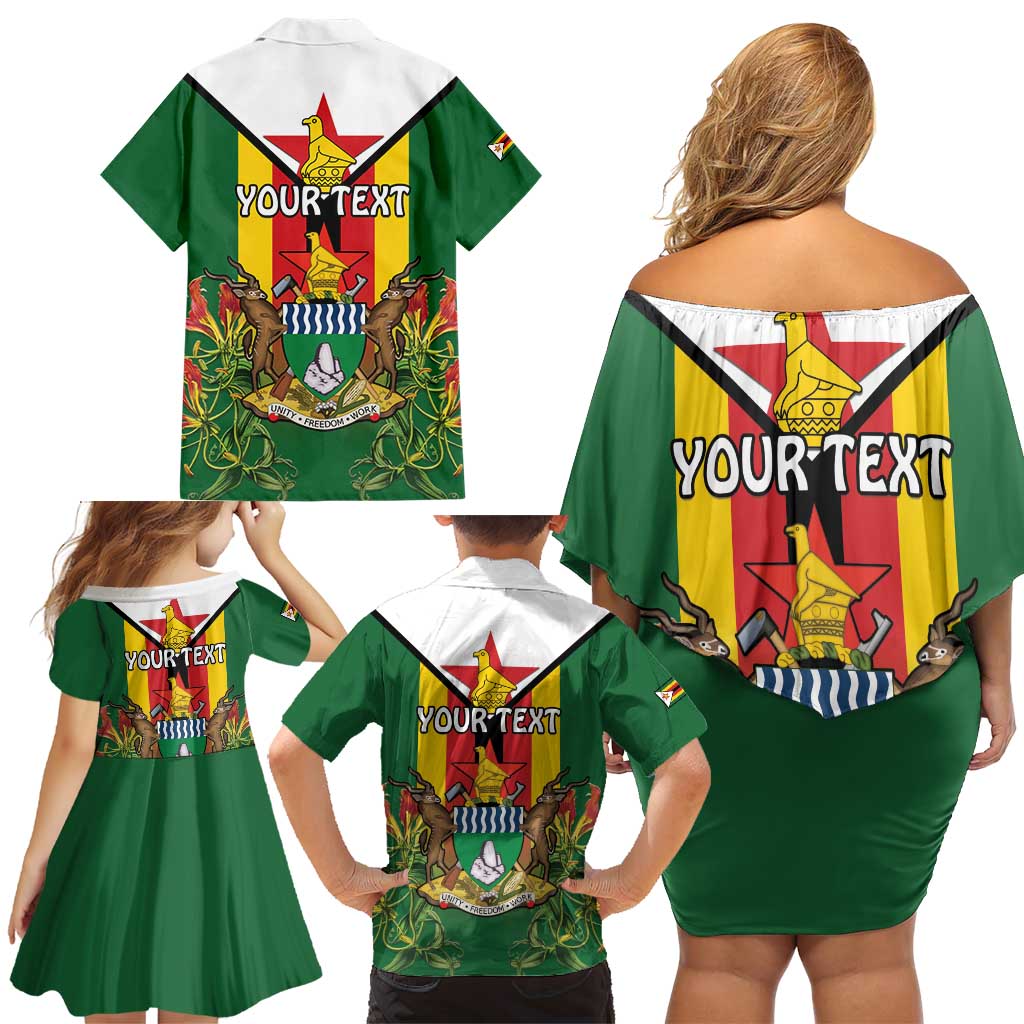 Personalised Zimbabwe Independence Day Family Matching Off Shoulder Short Dress and Hawaiian Shirt Gloriosa Flower - Flag Style