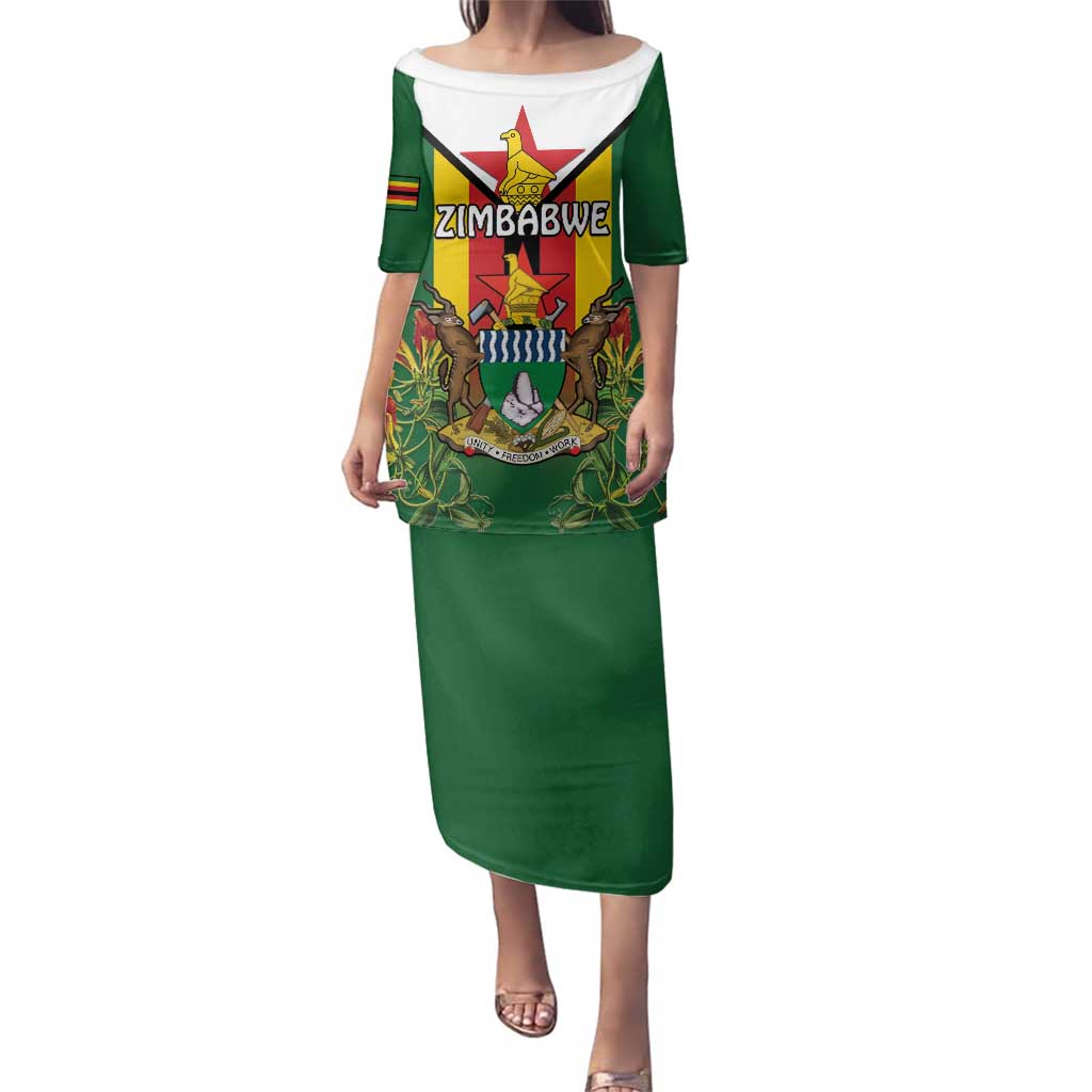 Personalised Zimbabwe Independence Day Family Matching Puletasi and Hawaiian Shirt Gloriosa Flower - Flag Style