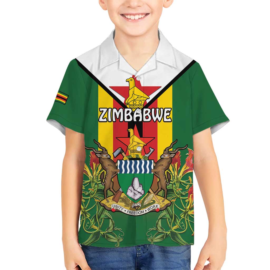 Personalised Zimbabwe Independence Day Family Matching Puletasi and Hawaiian Shirt Gloriosa Flower - Flag Style