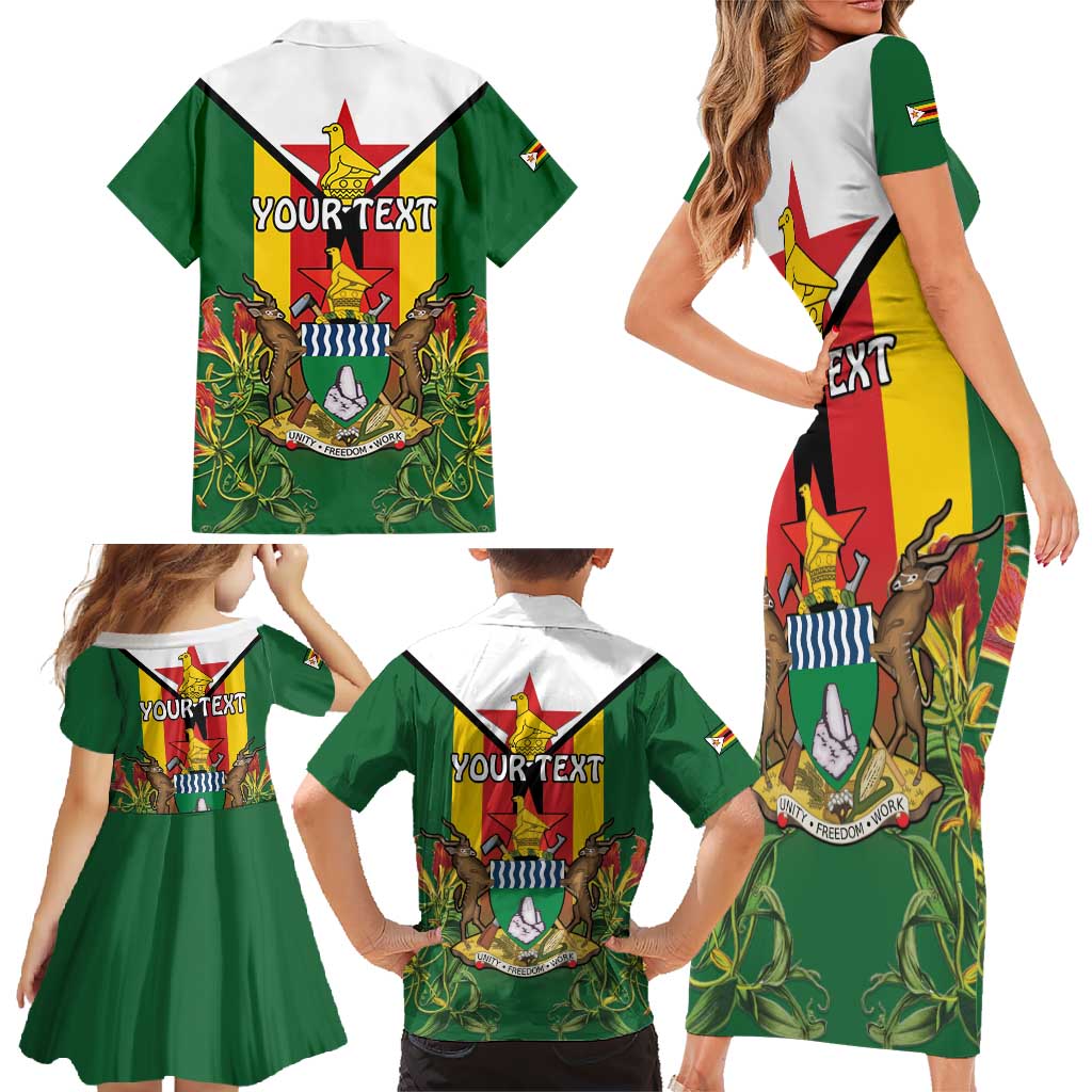 Personalised Zimbabwe Independence Day Family Matching Short Sleeve Bodycon Dress and Hawaiian Shirt Gloriosa Flower - Flag Style