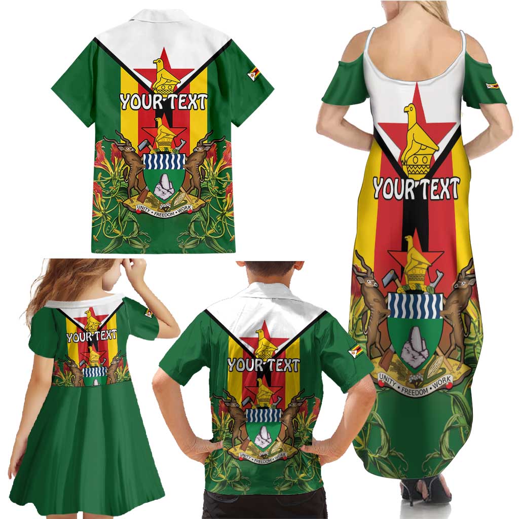 Personalised Zimbabwe Independence Day Family Matching Summer Maxi Dress and Hawaiian Shirt Gloriosa Flower - Flag Style