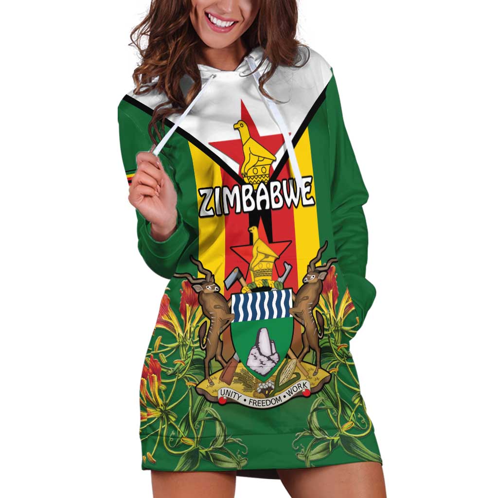 Personalised Zimbabwe Independence Day Hoodie Dress Gloriosa Flower - Flag Style