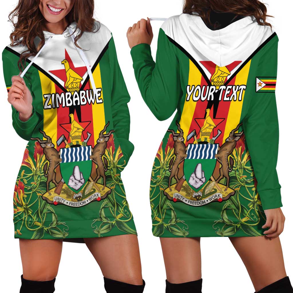 Personalised Zimbabwe Independence Day Hoodie Dress Gloriosa Flower - Flag Style