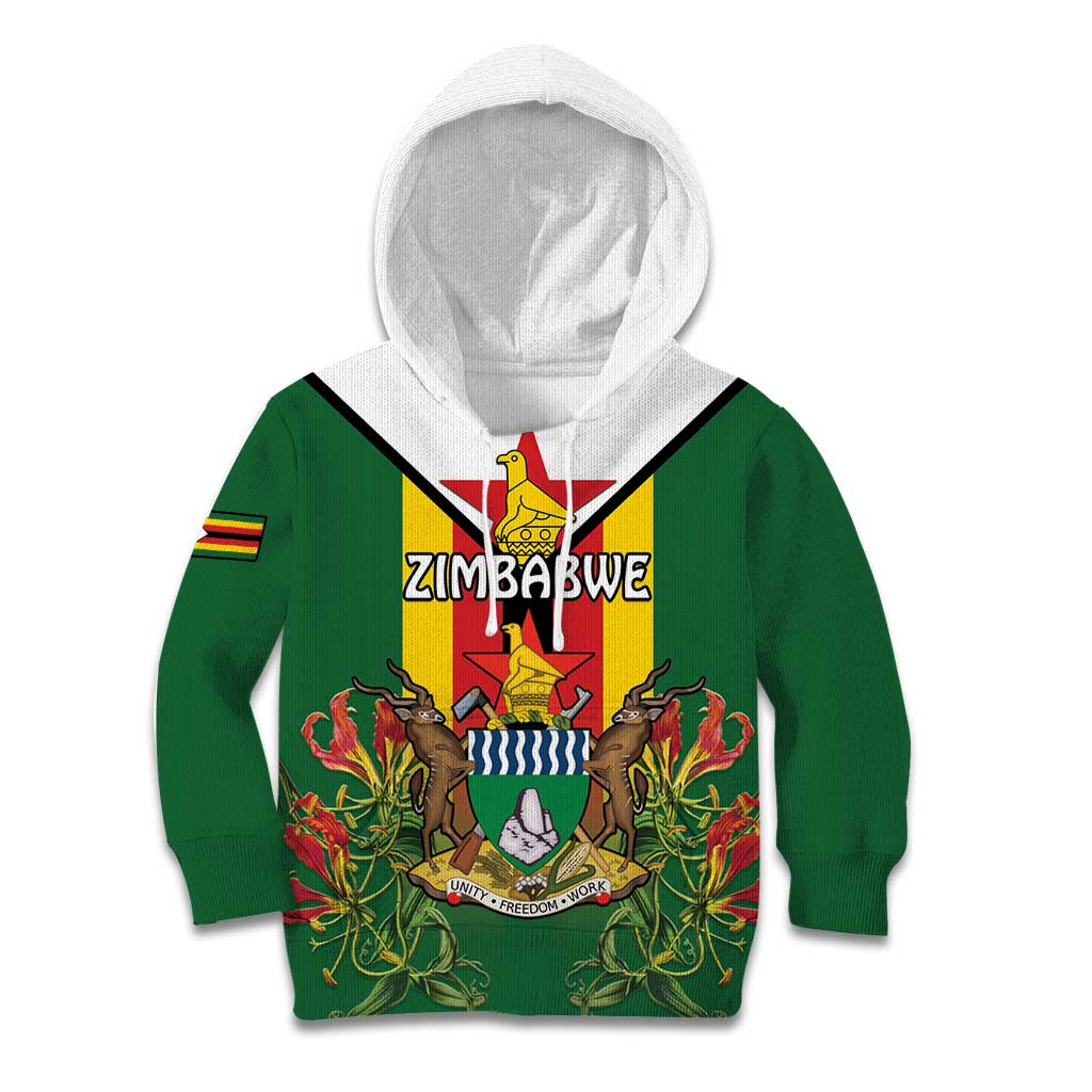 Personalised Zimbabwe Independence Day Kid Hoodie Gloriosa Flower - Flag Style