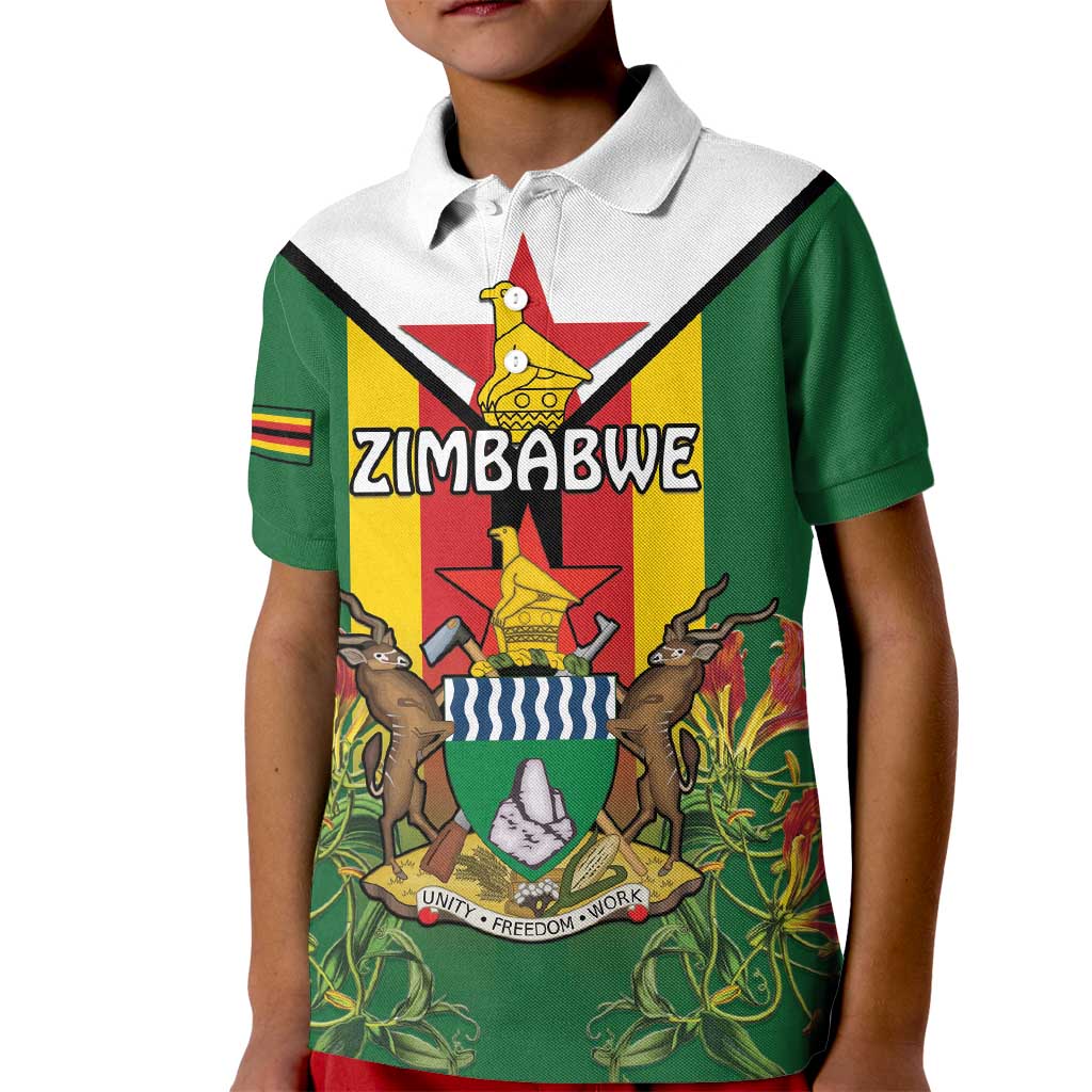 Personalised Zimbabwe Independence Day Kid Polo Shirt Gloriosa Flower - Flag Style