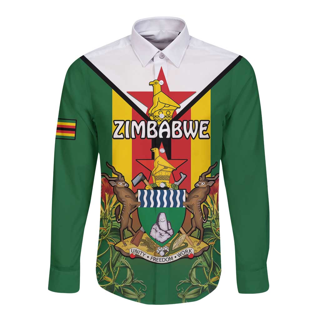 Personalised Zimbabwe Independence Day Long Sleeve Button Shirt Gloriosa Flower - Flag Style