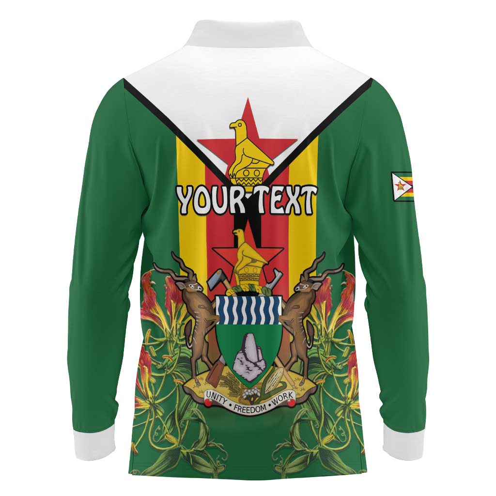 Personalised Zimbabwe Independence Day Long Sleeve Polo Shirt Gloriosa Flower - Flag Style