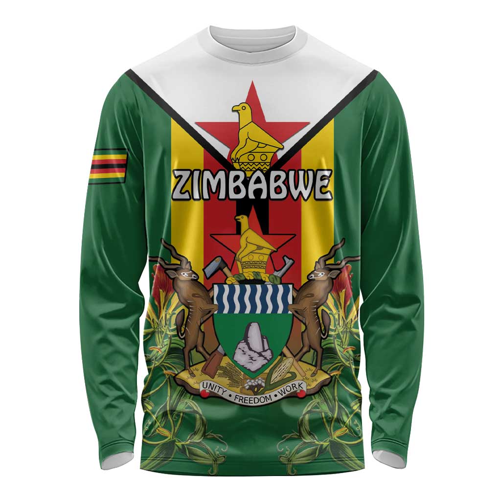 Personalised Zimbabwe Independence Day Long Sleeve Shirt Gloriosa Flower - Flag Style