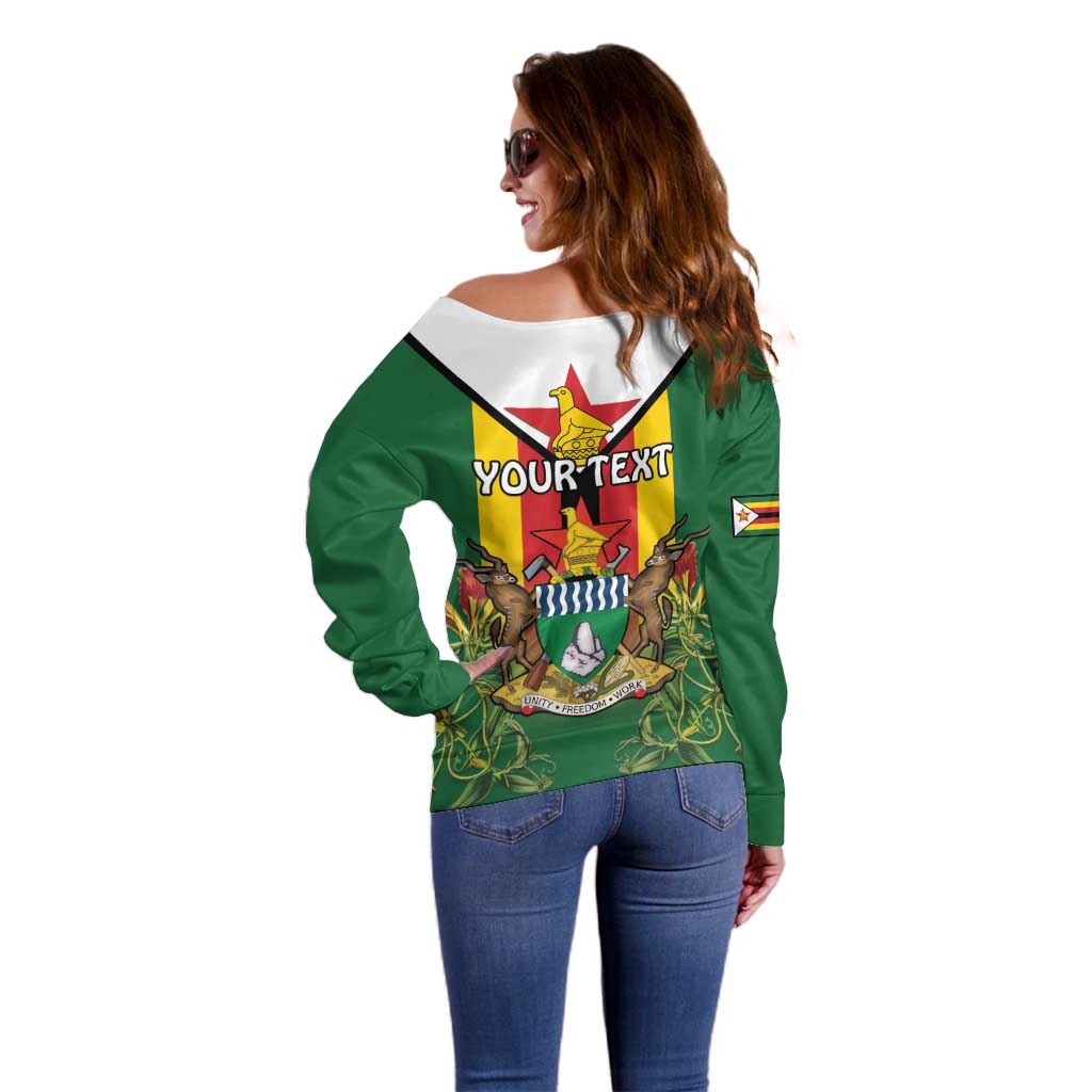 Personalised Zimbabwe Independence Day Off Shoulder Sweater Gloriosa Flower - Flag Style