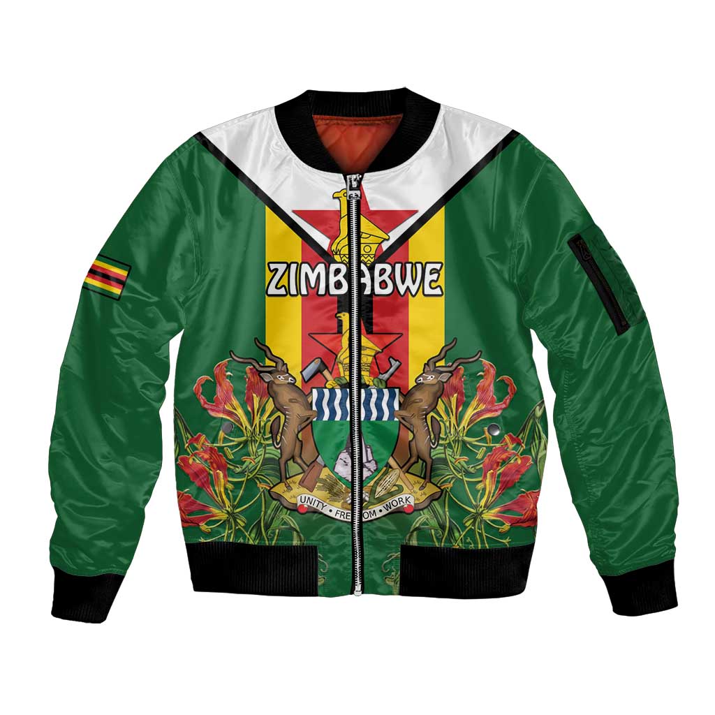 Personalised Zimbabwe Independence Day Sleeve Zip Bomber Jacket Gloriosa Flower - Flag Style
