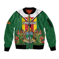 Personalised Zimbabwe Independence Day Sleeve Zip Bomber Jacket Gloriosa Flower - Flag Style