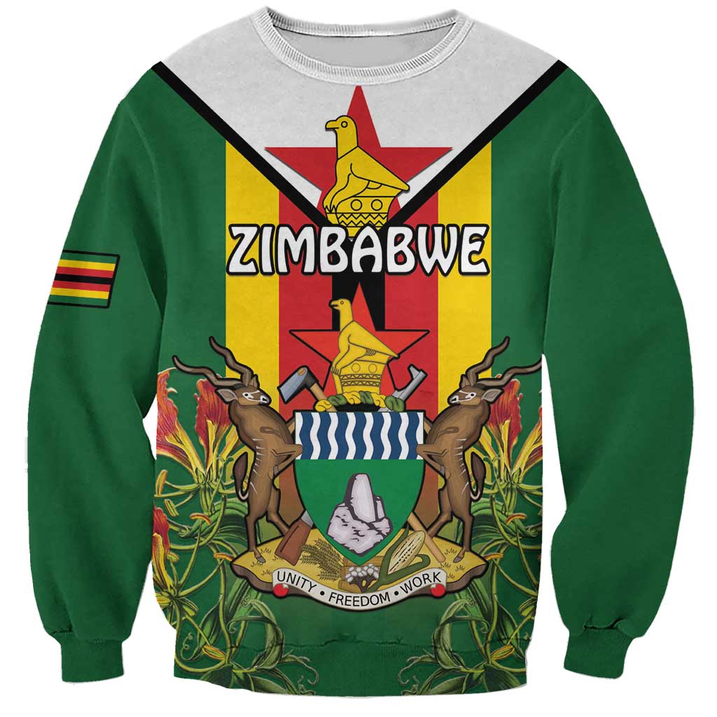 Personalised Zimbabwe Independence Day Sweatshirt Gloriosa Flower - Flag Style