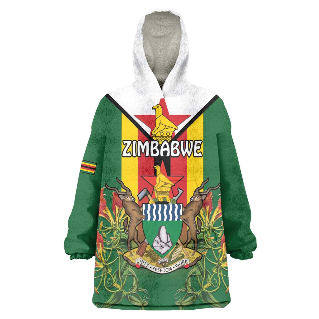 Personalised Zimbabwe Independence Day Wearable Blanket Hoodie Gloriosa Flower - Flag Style