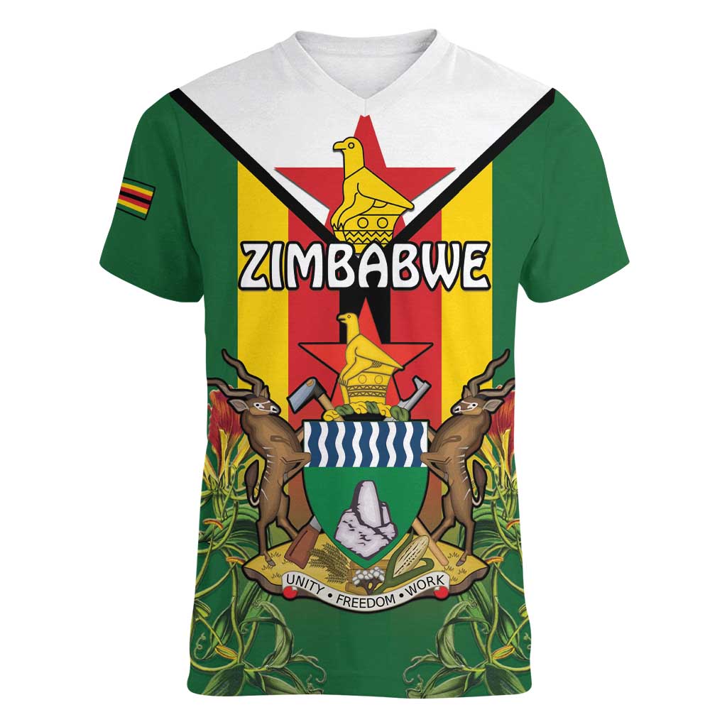 Personalised Zimbabwe Independence Day Women V-Neck T-Shirt Gloriosa Flower - Flag Style