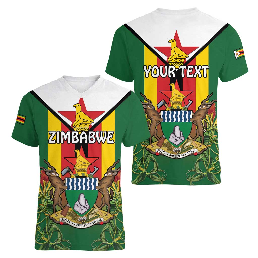 Personalised Zimbabwe Independence Day Women V-Neck T-Shirt Gloriosa Flower - Flag Style