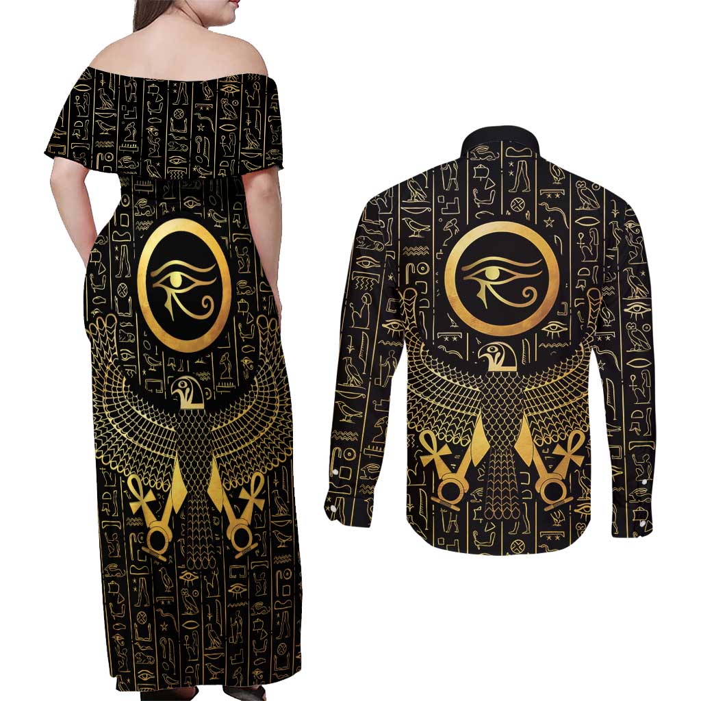 Ancient Egyptian Couples Matching Off Shoulder Maxi Dress and Long Sleeve Button Shirt Horus Falcon God