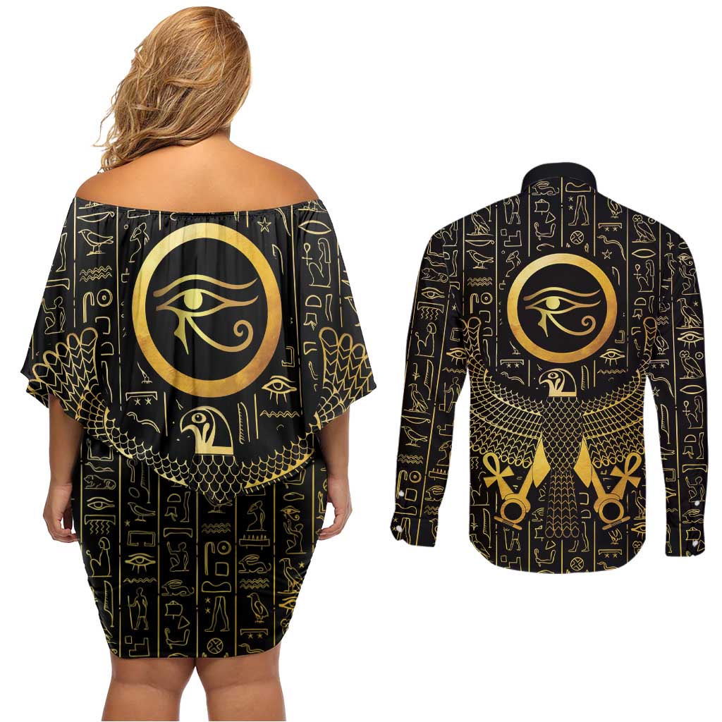 Ancient Egyptian Couples Matching Off Shoulder Short Dress and Long Sleeve Button Shirt Horus Falcon God