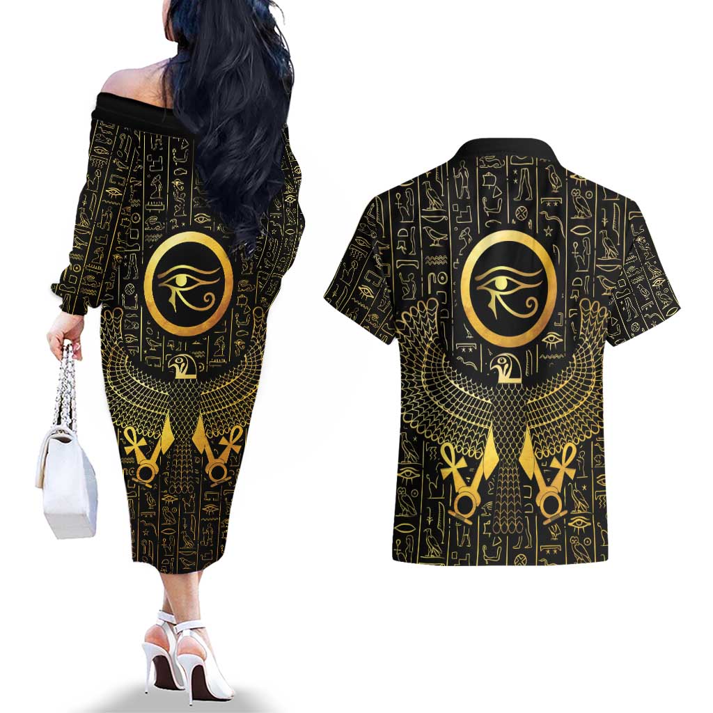 Ancient Egyptian Couples Matching Off The Shoulder Long Sleeve Dress and Hawaiian Shirt Horus Falcon God