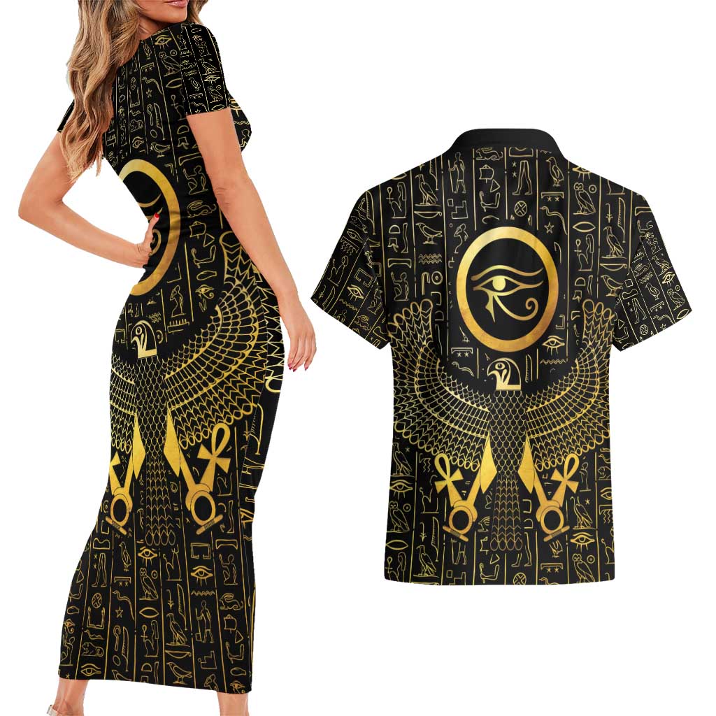 Ancient Egyptian Couples Matching Short Sleeve Bodycon Dress and Hawaiian Shirt Horus Falcon God