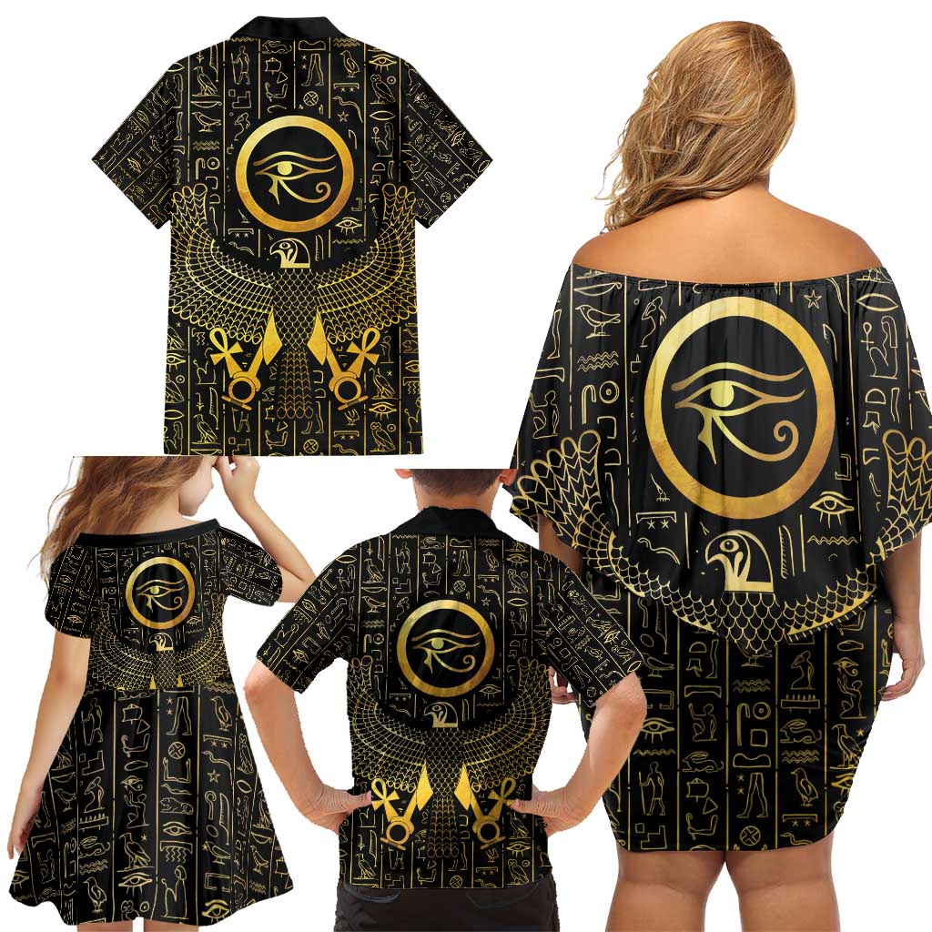 Ancient Egyptian Family Matching Off Shoulder Short Dress and Hawaiian Shirt Horus Falcon God