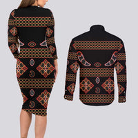 Toghu Couples Matching Long Sleeve Bodycon Dress and Long Sleeve Button Shirt Cameroon Traditional Pattern