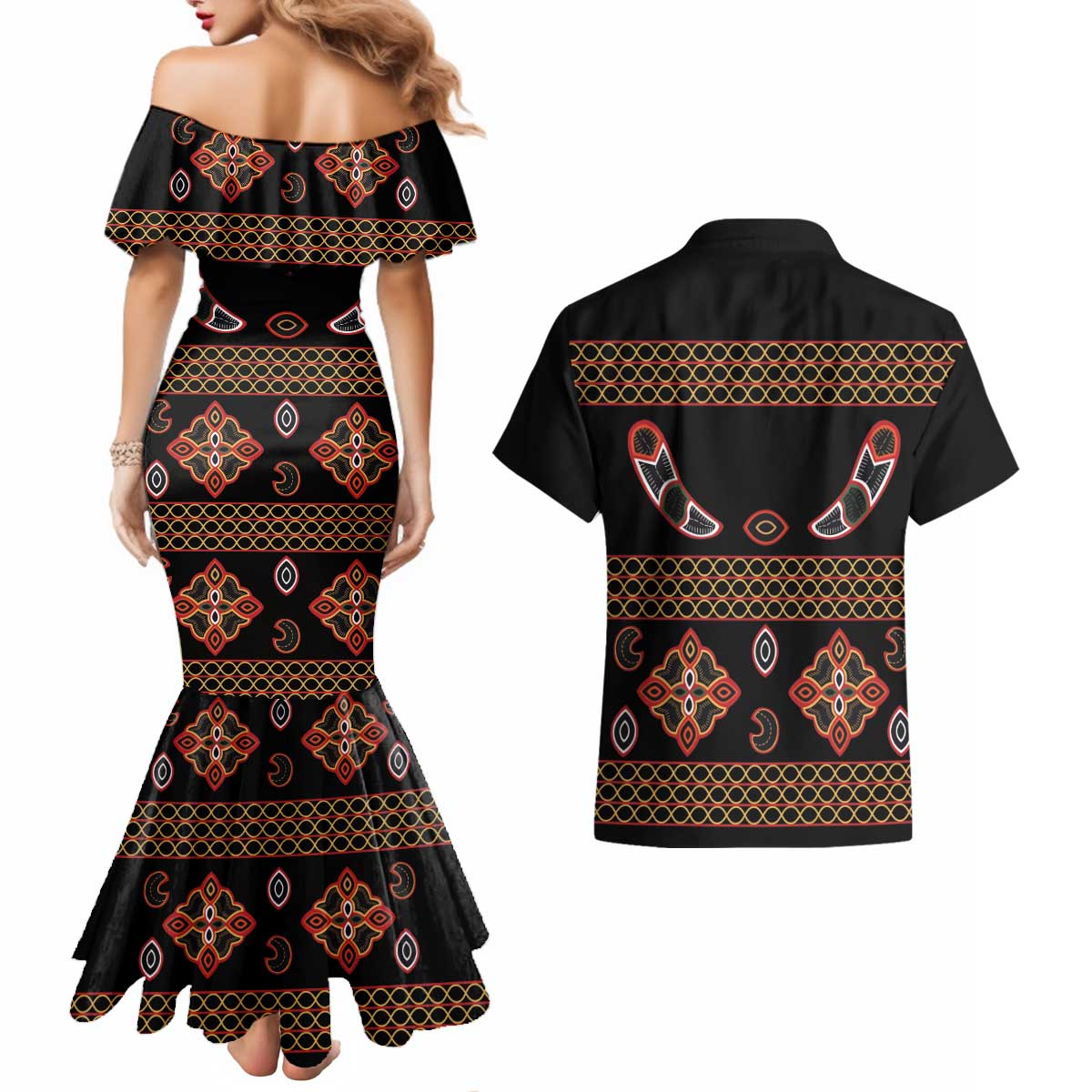Toghu Couples Matching Mermaid Dress and Hawaiian Shirt Cameroon Traditional Pattern