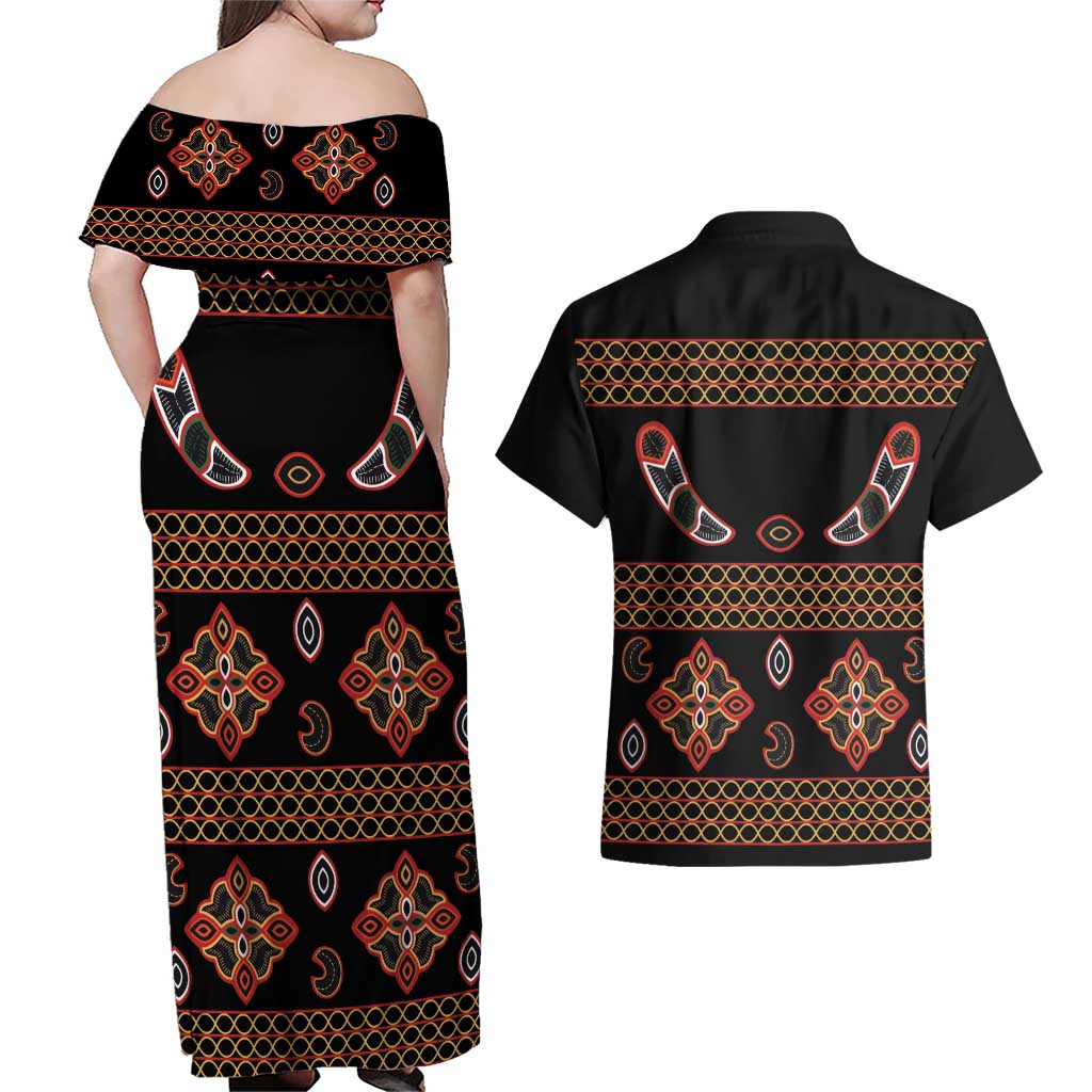 Toghu Couples Matching Off Shoulder Maxi Dress and Hawaiian Shirt Cameroon Traditional Pattern