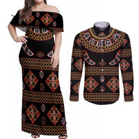 Toghu Couples Matching Off Shoulder Maxi Dress and Long Sleeve Button Shirt Cameroon Traditional Pattern