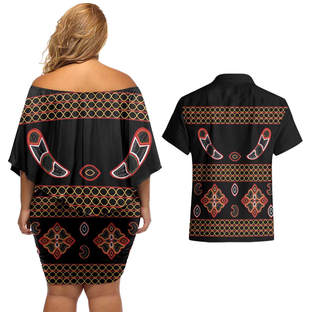 Toghu Couples Matching Off Shoulder Short Dress and Hawaiian Shirt Cameroon Traditional Pattern