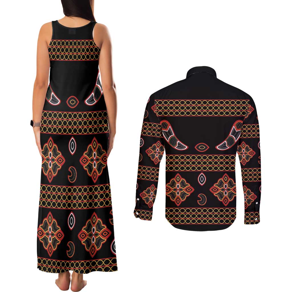 Toghu Couples Matching Tank Maxi Dress and Long Sleeve Button Shirt Cameroon Traditional Pattern