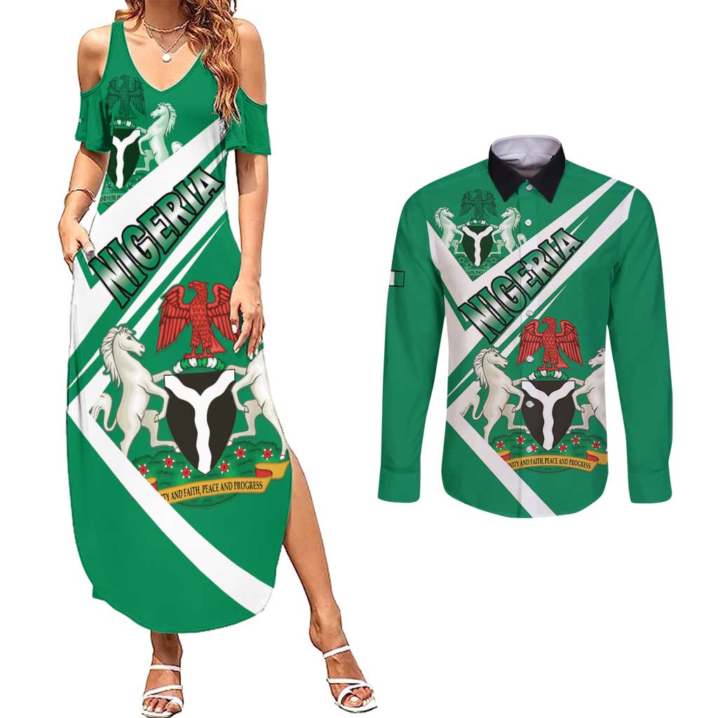 Nigeria Coat Of Arms Couples Matching Summer Maxi Dress and Long Sleeve Button Shirt Sporty Style