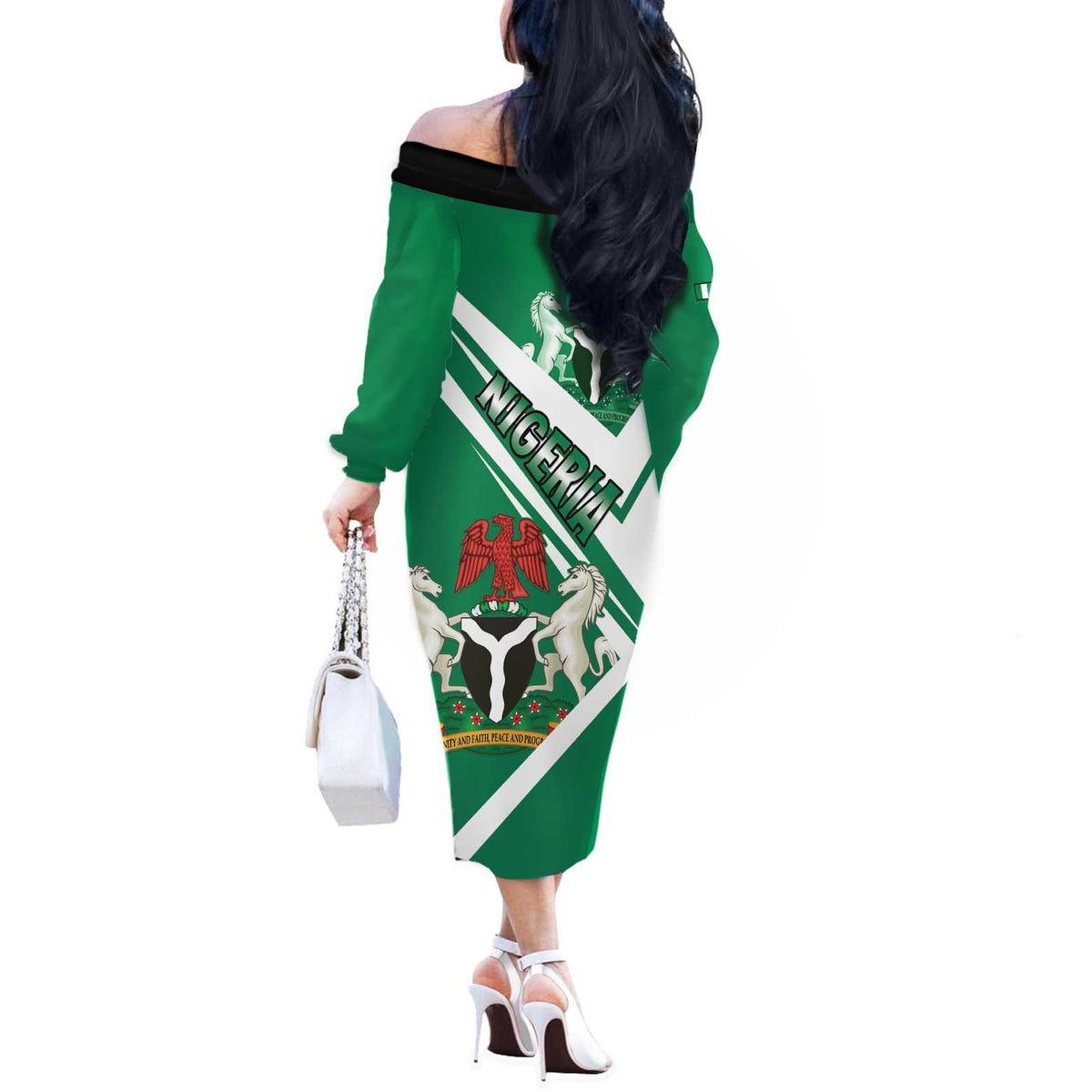 Nigeria Coat Of Arms Off The Shoulder Long Sleeve Dress Sporty Style