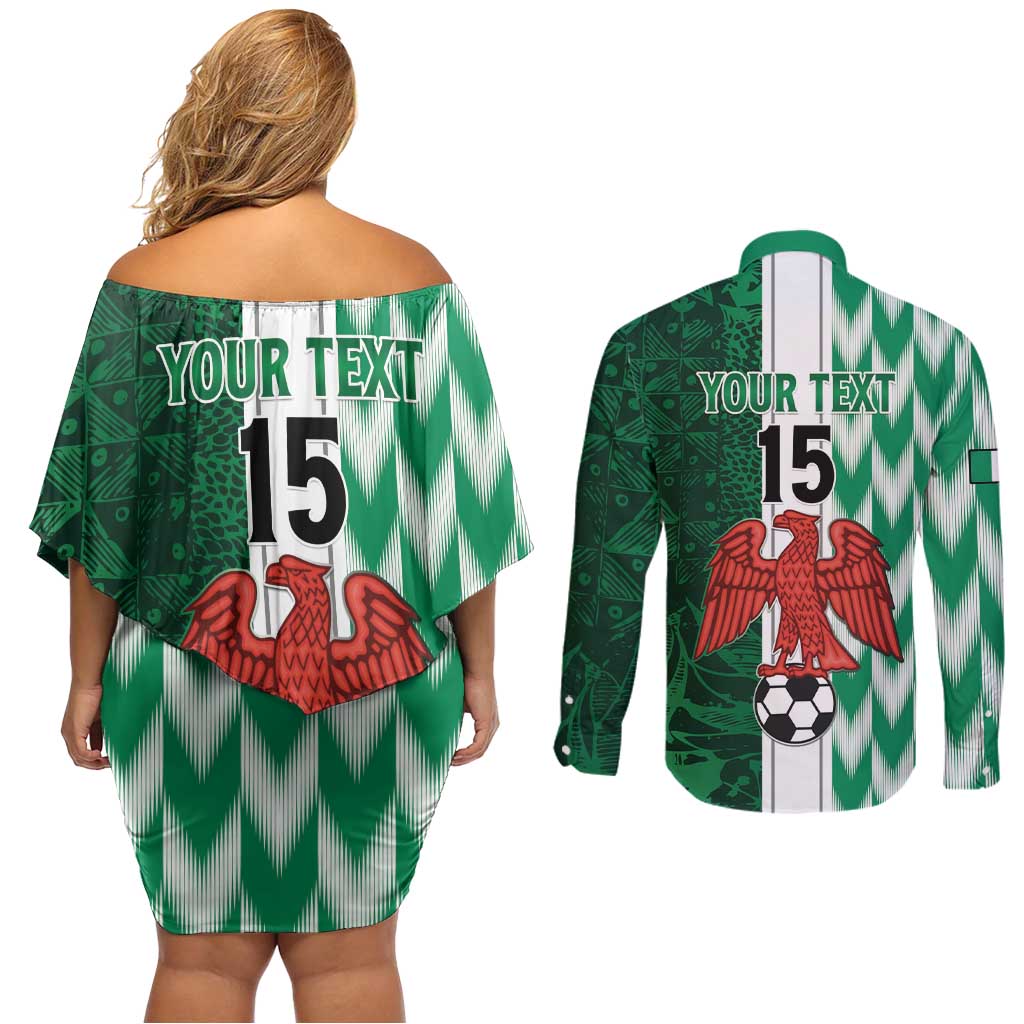 Custom Nigeria Football Couples Matching Off Shoulder Short Dress and Long Sleeve Button Shirt Come On Super Eagles